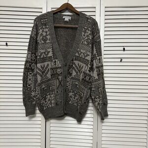 COLLECTIF ITALY‎ VTG Wool Blend Cardigan Gray Brown Sweater Grandpa XL Y2K Retro